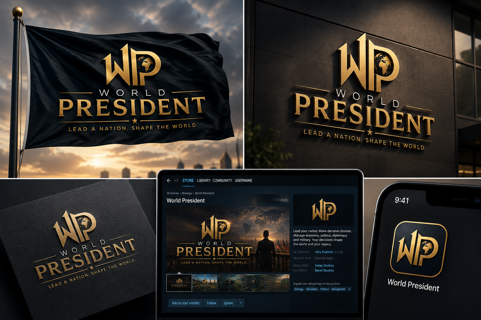 WORLD PRESIDENT branding mockups on flag, building, Steam and mobile